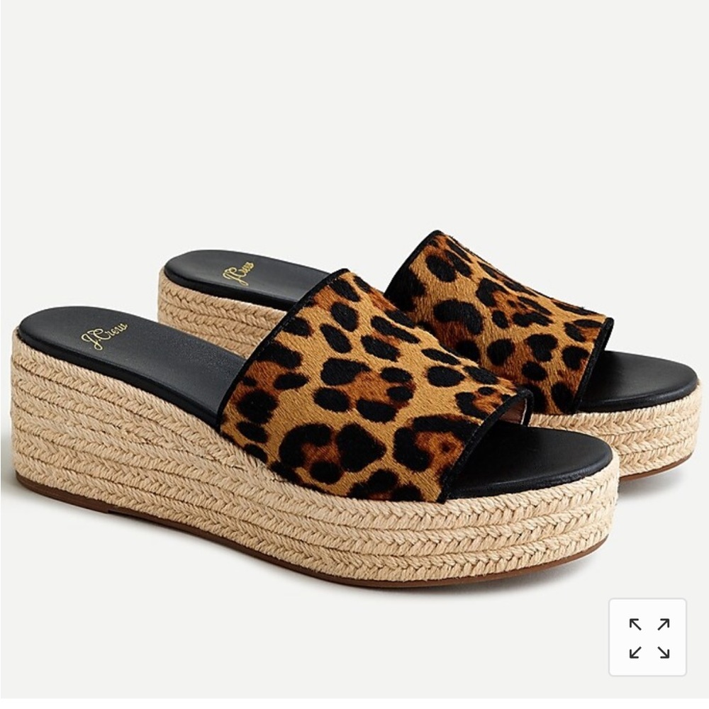 J Crew Wedge heel slide sandals espadrilles in leopard calf hair jcrew